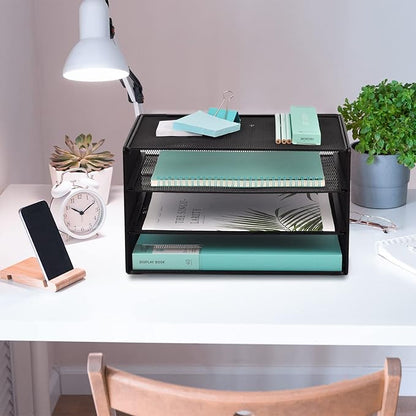 EASEPRES Paper Organizer Tray, 3 Tier Mesh Desk File Organizer Letter Sorter Holder for Home Office, Black