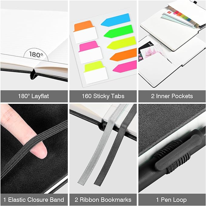 OMEYA Lined Journal Notebook, 3 Pack A5 College Ruled Notebooks for Work, Hardcover Notebook Each with 2 Pockets & Pen, Leather Journal for Women, Men, 160 Pages, 100GSM Thick Paper (Black)