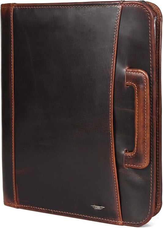 Zippered Genuine Leather Business Portfolio | Easy to Carry Organizer with Writing Pad Holder, Business Card and Pen Slots. IPAD/Tablet Holder and Flip-Closure Phone Pocket (Choclate Brown)