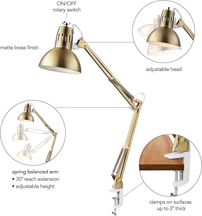 Globe Electric 62000010 32" Multi-Joint Desk Lamp with Metal Clamp, Matte Brass, White Accents, On/Off Rotary Switch on Shade, Partially Adjustable Swing Arm, Home Décor, Office Accessory