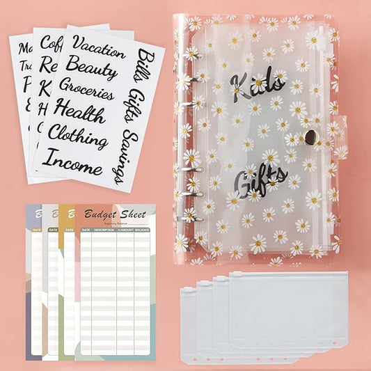 OOUUREC Daisy Cash Envelope Budget Binder Organizer - with 30 Budget Stickers, Expense Tracker, A6 Zipper Binder Pockets & Money Saving Binder, Personal Organizer Finance Planner for Cash and Coupon