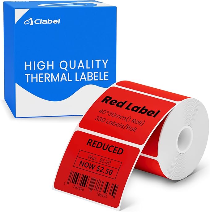 Clabel Thermal Label 1.57'' x 1.18'' (40x30mm) Self-Adhesive Stickers for 220B/221B/230B Label Maker 330 Labels/Roll Black Text on Red Paper in Stronger Waterproof Tear-Resistant for Business Home