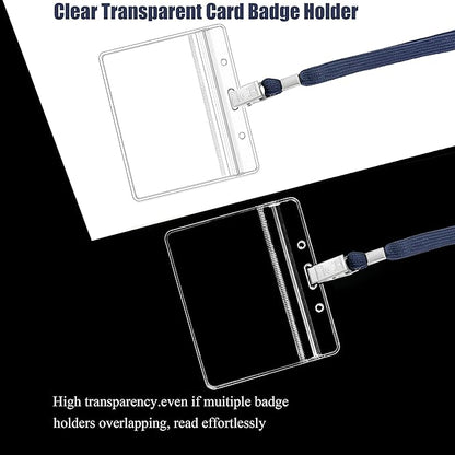 100Pcs Clear Plastic Horizontal Name Tags Badge ID Card Holders and 100Pcs Lanyards with Clip (Navy Blue)