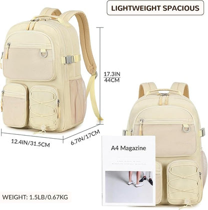 Lohol Water Resistant Backpack with Mulitiple Pockets for Travel Outdoor College, 15.6 inch Laptop Bookbag for Girl and Women (Beige