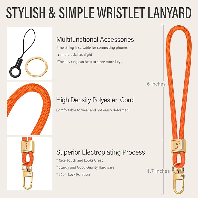 Fishent Keychain Wristlet lanyard, Cute Key Chain Holder, Upgraded Woven Wrist Lanyard for Keys, Wristlet Strap Keychain for Women Men Car Keys ID Badges Card Wallet Phone (Orange)