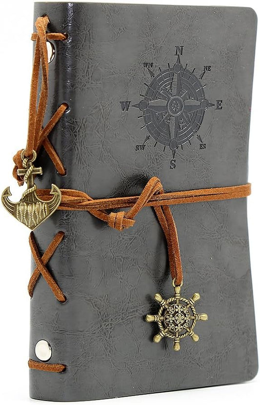 EvZ Leather Writing Journal Notebook, 5 Inches Vintage Nautical Spiral Blank String Diary Notepad Sketchbook Travel to Write in, Unlined Paper, Retro Pendants, Classic Embossed, Grey