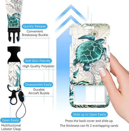 Sea Turtle Badge Holder with Retractable Reel and Breakaway Lanyard，Badge Clips Retractable Heavy Duty Badge Reel，Funny Keychain，ID Holder with Breakaway Lanyard for School Nurse Office Teen