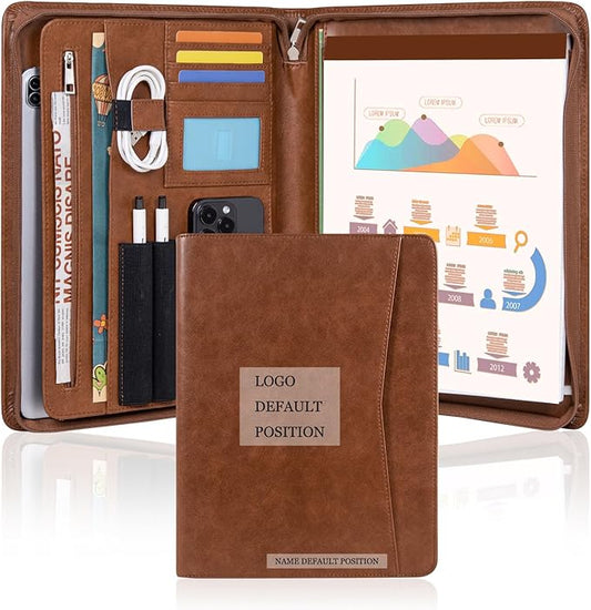 Personalized Leather Portfolio with Zipper, Professional Business Portfolio with A4/US letter Writing Pad holder for Resume, Interview, Leather Portfolio for Men and Women, Brown, Customized