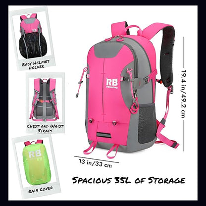 Reflective Motorcycle Backpack Lightweight, Water Resistant Casual Daypack with Laptop Pocket for Safe Commuter, Biking, and Daily Use. 35L Sport bookbag to Avoid Accidents (pink backpack)