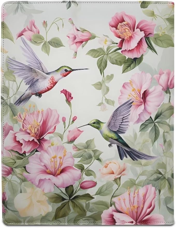 Hummingbird Pink Flower Portfolio Folder Leather Padfolio with A4 Size Clipboard Clip for Business Resume Interview Document Sleeve Binder Folder for Men/Women