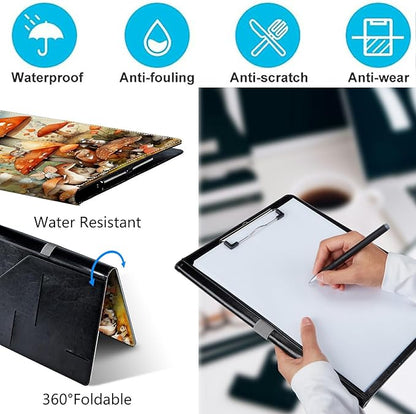 PU Leather Padfolio Clipboard Notepad with Pen Loop and Elastic Strap Interview/Resume Document Organizer for Business School Office,Watercolor Mushroom