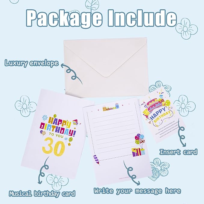 Gumry 30TH Birthday Card, Blowable Musical Birthday PopUp Card with LED Light Candle Song 'HAPPY', 30th Birthday Decorations, 30th Birthday Gifts for 30 Years old Her Him Women Men Friends Sister