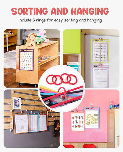 Gamenote Dry Erase Pockets 30 Pack with Rings, Oversized Reusable Plastic Sleeves Shop Ticket Holders Sheet Protectors Teacher Supplies for Classroom Organization (Colorful)