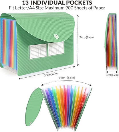 SKYDUE File Organizer, 12 Pockets Accordian File Organizer, Letter Size Expanding File Folder with Colored Tabs and Expandable Cover Portable Bill Receipt Organizer Green