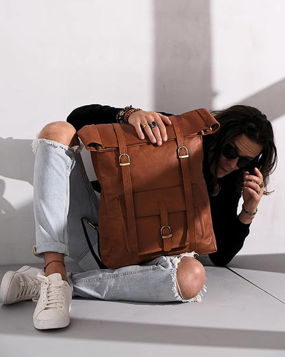 Genuine Leather Backpack for Men - 17.3 Inch Laptop - Designer Roll-top bookbag - Vintage Fashion rucksack back pack for work & travel, X-Large Tan (Brown)