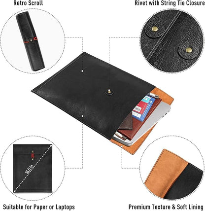 Black A4 PU Leather File Folders for Documents,Important Private File Organizer with String Tie Closure,Laptop Sleeve Notebook Case,Leather Portfolio Binder Envelopes, Filing Folder 3PCS
