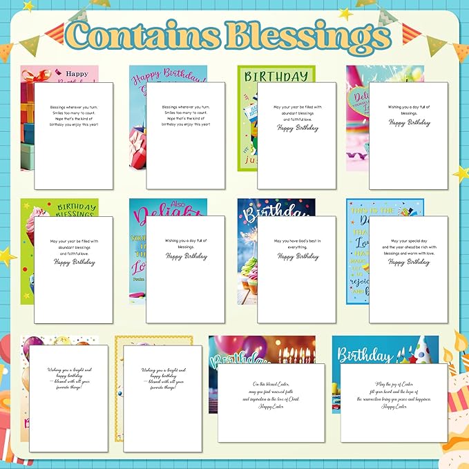 120 Pack Religious Christian Birthday Cards Bulk with Scripture Bible Verse 4.5 x 6.2 Inch Assorted Christian Blessings Greeting Cards for Birthday with Envelopes and Stickers (Bright Style)