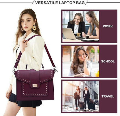 EaseGave Laptop Bag for Women, 15.6 Inch Burgundy Briefcase with Detachable Strap, Roomy Laptop Tote with Size Guide, Professional Messenger Bag