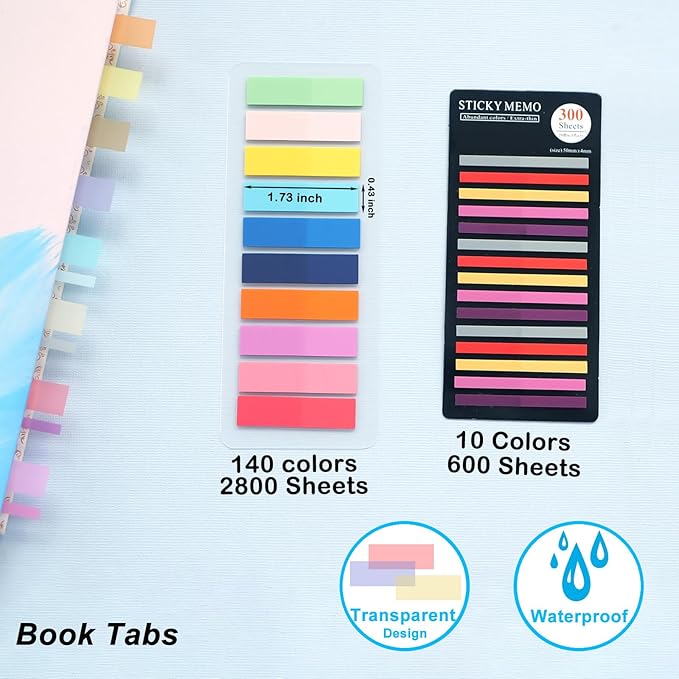 WSCHU 3400Pcs Sticky Tabs Book Tabs, Morandi Translucent Book Markers Sticky Note Tabs,Multi-Colored Writable & Repositionable Book Annotation tabs, Page Markers, Annotation Supplies