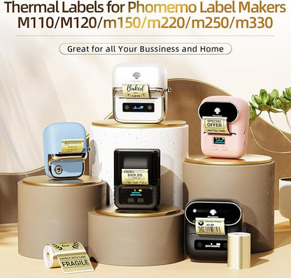 Phomemo Transparent Thermal Labels for M110/M120/M220/M150/M250/M221 Label Maker, Self-Adhesive Thermal Label 1.57"x1.18"(40x30mm),230 Labels/Roll, for Barcode,Address, Name, Golden