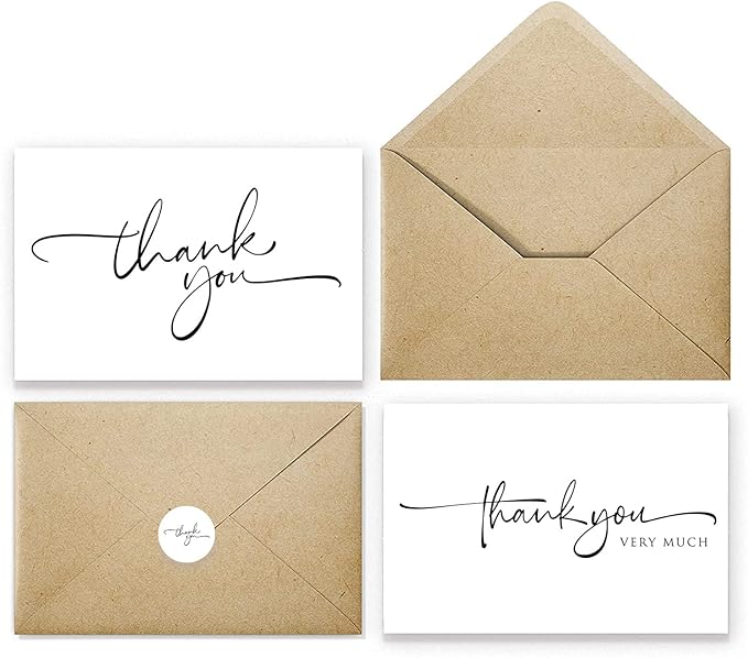 120 Bulk Handwritten Thank You Cards Blank Inside with Brown Kraft Envelopes and Matching Stickers, Perfect for: Wedding, Bridal Shower, Baby Shower, Birthday, or just to say thanks!
