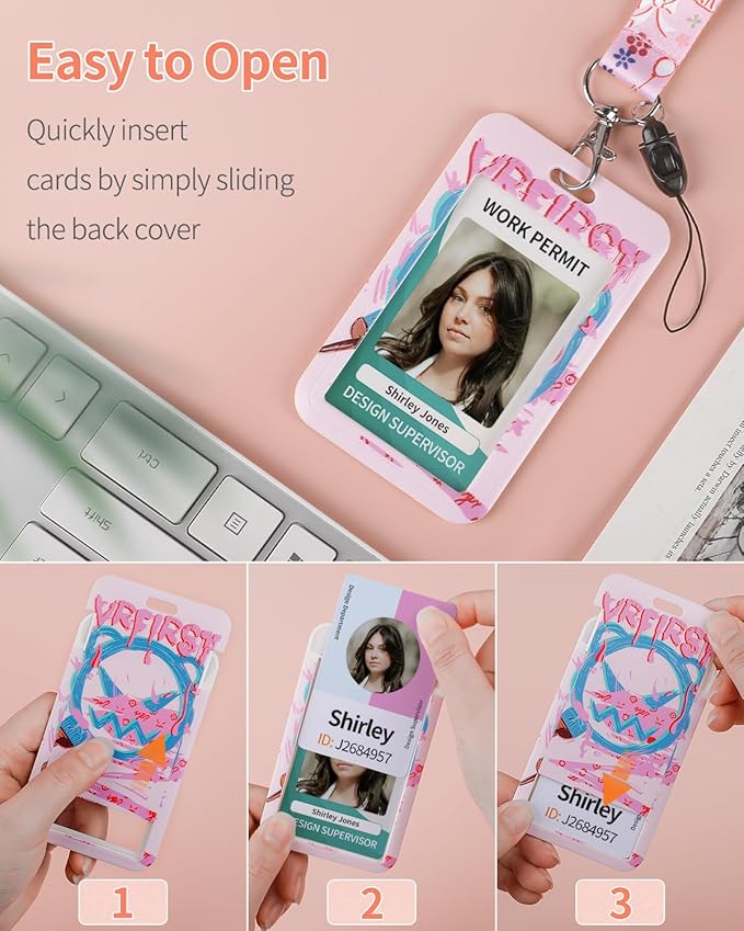 Uniclife Fashionable Sliding Badge Holder Angry Bear Plastic Case with Retractable Badge Reel Carabiner Clip & Detachable Lanyard Strap Embossed Vertical Card Protector for Women Nurse Teacher Student