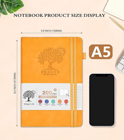 Lined Journal Notebook for Women and Men,Hardcover Leather Journaling Notebook for Writing, Travel, Business, Work and School,200 Pages A5 Notebook for Note Taking, Diary 5.9" × 8.5" - Yellow