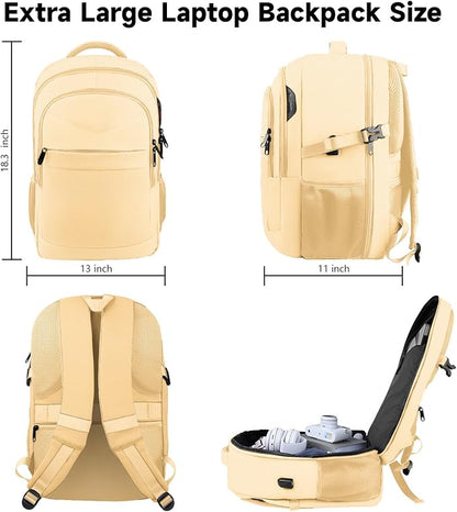 Lapsouno Extra Large Backpack, Laptop Backpack, Carry on Backpack, Sturdy 17 Inch TSA Friendly with USB Port, College School Bag Gifts for Men Women, Light Yellow