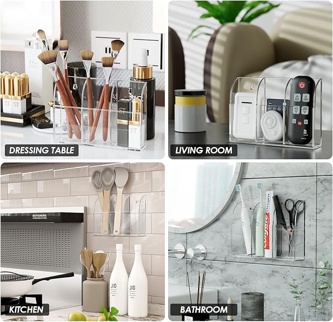 MaxGear Wall Marker Holder 3 Compartments, 2 Pack Desk Acrylic Organizer for Remotes, Pens, Makeup, Markers, Clear Remote Control Holder for Whiteboard Accessories-7.8'' x 1.6'' x 5.5''