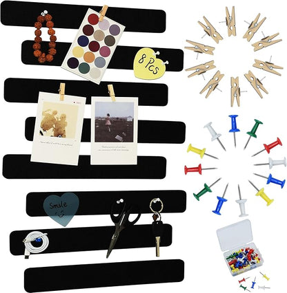 Black Bulletin Board Strips, 8Pcs Felt Pin Board Bar Strips with 50 Pushpins, Self-Adhesive Felt Cork Board Strips for Wall to Display Your Notes, Photos, Schedules, Announcements