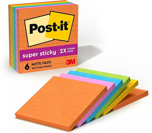 Post-it Super Sticky Lined Notes, 6 Sticky Note Pads, 4 x 4 in., School Supplies, Office Products, Sticky Notes for Vertical Surfaces, Monitors, Walls and Windows, Energy Boost Collection