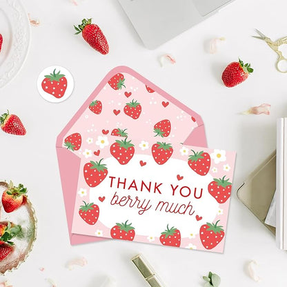 Whaline 50 Packs Strawberry Thank You Cards Red Pink Strawberry Flower Greeting Cards Blank Note Cards Boxed with Envelopes and Stickers for Birthday Baby Shower, 4 x 6 Inch