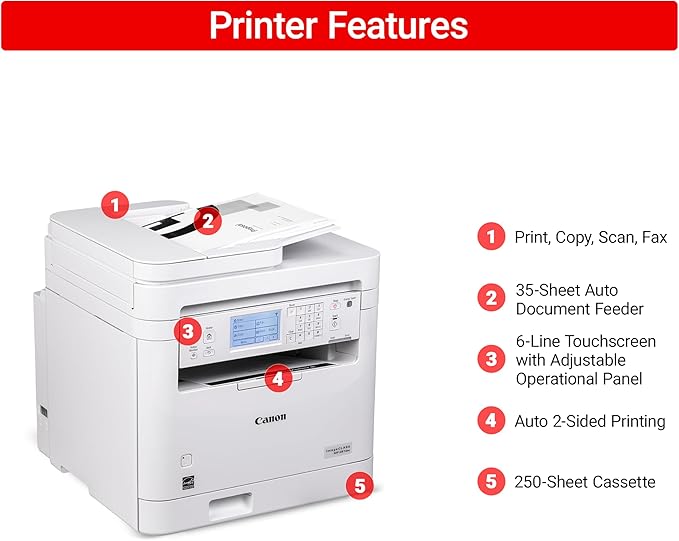 Canon imageCLASS MF287dw - Monochrome, Duplex, Wireless Laser Printer, All-in-One Print, Copy, Scan, Fax, Auto Document Feeder, 1 Year Limited Warranty, 35 PPM, White