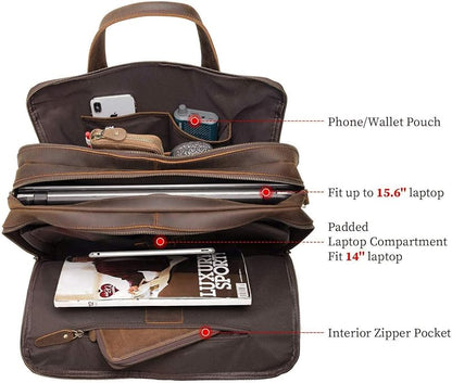 Polare Modern Attaché Style 15.7" Full Grain Italian Leather Laptop Business Briefcase for Men