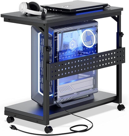 Computer Tower Stand with Power Strips, Height Adjustable PC Tower Stand/Cart with Wheels, Mobile Rolling CPU Holder, Computer Cart Side Stand for Computer Desk, 24", Carbon Fiber Black