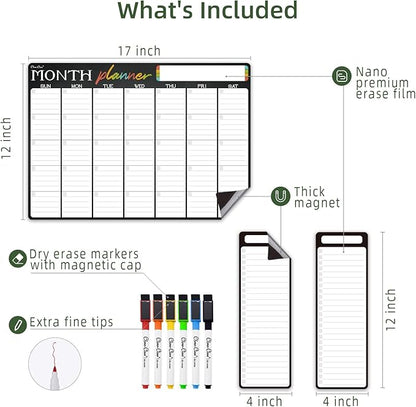Magnetic Dry Erase Monthly Calendar - 17"x12" Monthly Calendar for Fridge - 4"x12" List Board 2 Pcs - 6 Extra Fine Point Markers Included - Shipped Flat