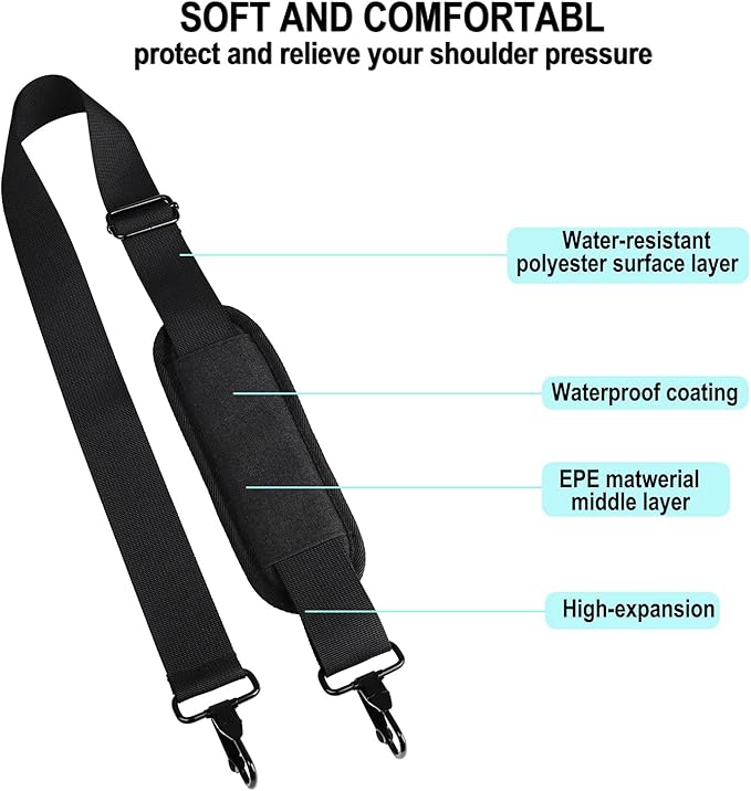 56 inch Shoulder Strap, Universal Adjustable Thick Soft Duffel Bag Shoulder Strap Replacement Comfortable Belt with Metal Swivel Hooks for Laptop Messenger Bag, Briefcase, Shoulder Bag, Black