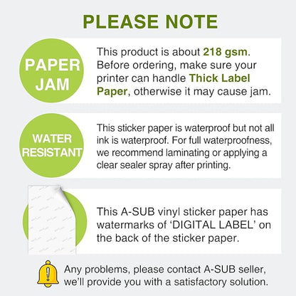 A-SUB 55 Sheets Vinyl Sticker Paper for Inkjet Printer - Glossy Printable Vinyl 8.5x11 Inch Waterproof Sticker Paper for DIY Any Decal You Like