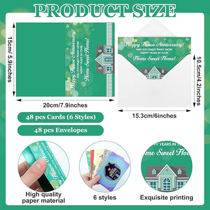 48 Pcs Happy Home Anniversary Cards with Envelopes Bulk Blank Welcome House Cards Real Estate Thank You Notes Housewarming Gifts for Clients Neighbors, 4 x 6 in(Stylish)