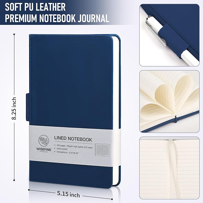 Hardcover Executive Notebooks, 160 Pages Line Ruled Classic Notebook Journal, Leather Notebooks with Pen for Bussiness College Writing Dark Blue