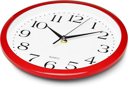 Bernhard Products Red Wall Clock Silent Non Ticking - 10 Inch Quality Quartz Battery Operated Round Easy to Read Home/Kitchen/Office/Classroom/School Clocks, Vintage Retro Red Frame Black Numbers