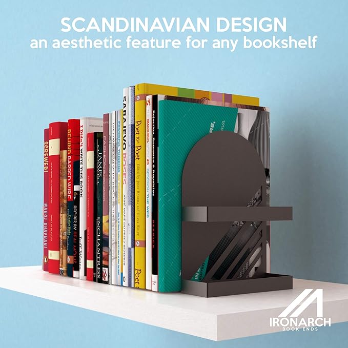 Iron Arch Modern and Decorative Bookends for Heavy Books, 200% Stronger & Heavier Than The Average Bookends, Large Bookends with Matching Bonus Storage Cup (Carbon Black)