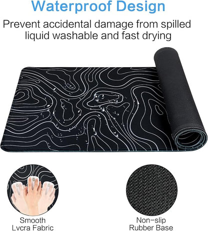Gaming Mouse Pad Large 31.5 x 11.8in Topographic Keyboard Mousepad for Non-Slip Base and Stitched Edge, Extended Desk Pad XL Desk Mat (Black)