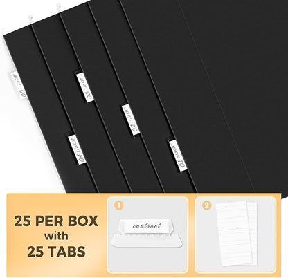 SUNEE Hanging File Folders Legal Size, Black File Folders 25 Pack 1/5-Cut Tabs, Stay Organized for Your Home and Office Bulk File and Documents