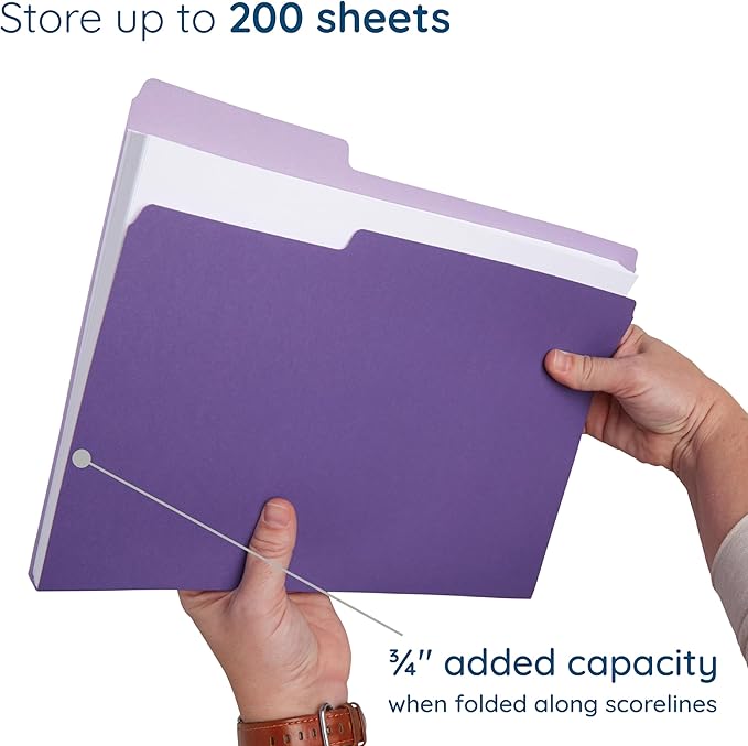 100 Blue Summit Supplies Purple File Folders Letter Size 1/3 Cut, Two-Tone Purple Folders, Durable 11pt Paper, Assorted Tabs, Holds Letter Size Documents