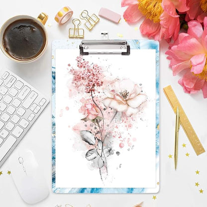 Blue Clipboard, Cute clipboard, WAVEYU Letter Size Clipboard with Low Profile Clip, Retractable Key Hole for Hanging Paperboard for Office School, Teal Marble (12.5"x9")