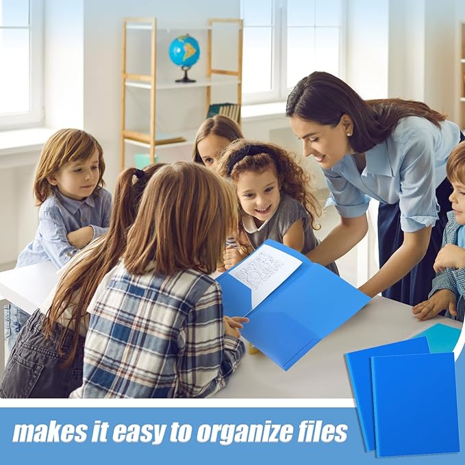 Gueevin 24 Pcs Plastic Folders with Pockets, Two Pocket Folder Fit Letter Size, Heavy Duty School Business Card Holder for Home Office School Bussiness, 11.61 x 9.45 Inches (Blue)
