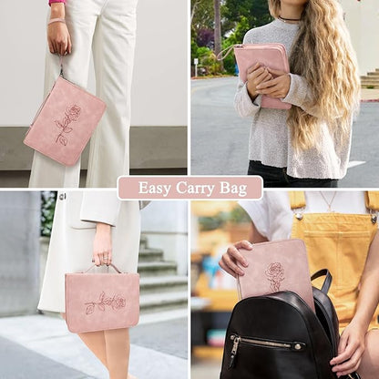 Bible Covers for Women, Leather Bible Study Case with Bookmark for Girls, Bible Supplies Carrying Bag Tote with Strap,Personalized Book Organizer Bag for Journaling Bible-Pink