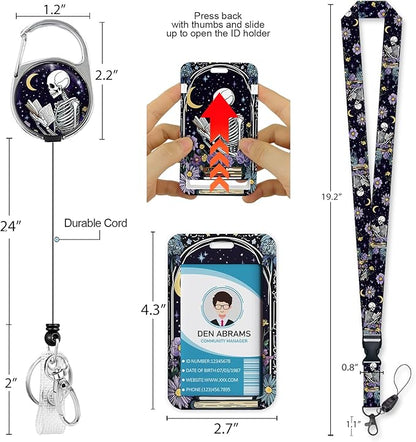 Lanyards for Id Badges, Funny Badge Holder with Retractable Badge Reel Clip, Skull Skeleton Reading Book Card Name Tag Lanyard Vertical ID Card Protector for Women Nurse Doctor Teacher Student
