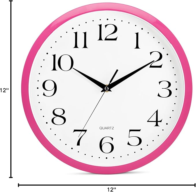 Bernhard Products Pink Wall Clock 12 inch Silent Non Ticking Battery Operated Quartz Easy to Read Round Classroom Home Decor for Kids Playroom Baby Room Nursery Fun